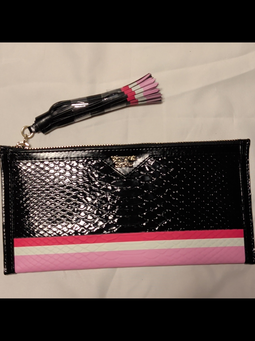 Victoria's Secret Black Patent Clutch with Pink and White Stripes and Tassel